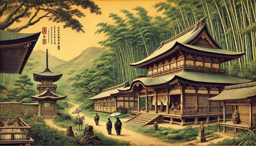 DALL?E 2024-12-22 12.48.40 - A historical depiction of Nonomiya Shrine in 809 AD, styled as an ancient Japanese painting with no framing or borders. The scene shows the shrine sit