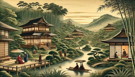 DALL?E 2024-12-22 12.48.46 - A historical depiction of the Sagano-Arashiyama region during the Heian period (794-1185), styled as an ancient Japanese painting. The scene features 