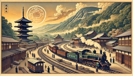 DALL?E 2025-01-01 11.50.21 - A historical depiction styled as an ancient Japanese painting of the nationalization of Kyoto Railway in 1907, focusing on the Sagano-Arashiyama area 