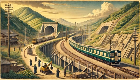 DALL?E 2025-01-01 11.50.23 - A historical depiction styled as an ancient Japanese painting of the JR Sanin Main Lines new route opening in 1989, focusing on the transition from t