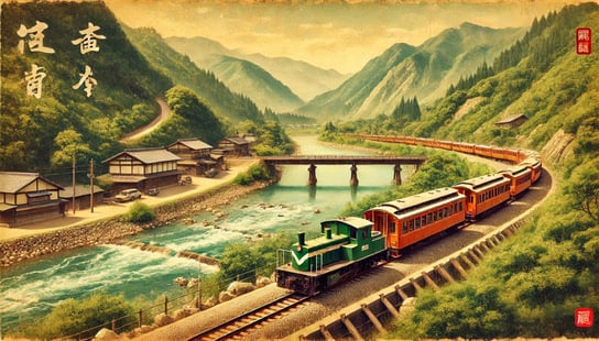 DALL?E 2025-01-01 11.50.26 - A historical depiction styled as an ancient Japanese painting of the Sagano Scenic Railways establishment in 1991, showcasing the scenic former JR Sa