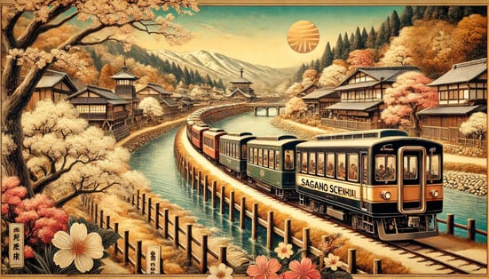 DALL?E 2025-01-01 11.50.28 - A historical depiction styled as an ancient Japanese painting of the Sagano Scenic Railways operation after 30 years of success since its establishme