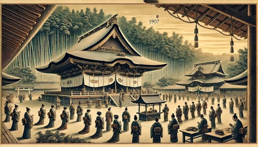 DALL?E 2025-01-01 23.40.09 - A historical depiction styled as an ancient Japanese painting of Nonomiya Shrine in 1907 during its modernization in the Meiji era. The scene showcase-1