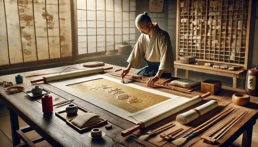 DALL?E 2025-01-12 15.54.07 - A photorealistic image of a traditional Japanese workshop showing the final adjustments and finishing touches on a kakejiku scroll. The scene features