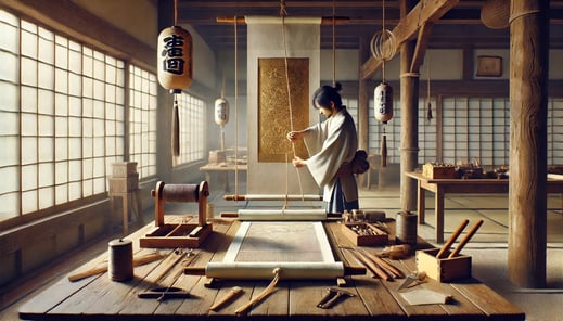 DALL?E 2025-01-12 15.54.19 - A photorealistic image of a traditional Japanese workshop showing the process of attaching futai (decorative hanging ribbons) and fuchin (weights)