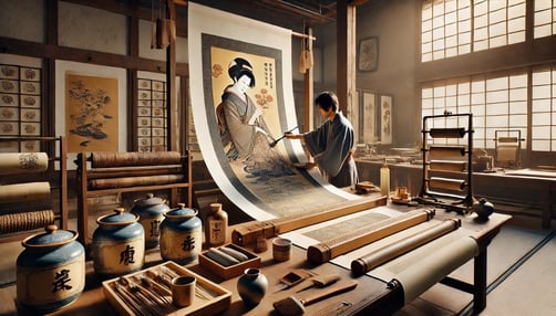 DALL?E 2025-01-12 15.54.25 - A photorealistic image of a traditional Japanese workshop showing the process of joining the honshi (main artwork) and kireji (decorative fabric) 