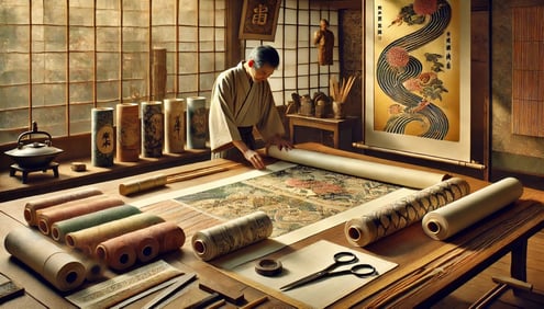 DALL?E 2025-01-12 15.54.28 - A photorealistic image of a traditional Japanese workshop showing the process of selecting and cutting kireji (decorative fabric) for a kakejiku scr