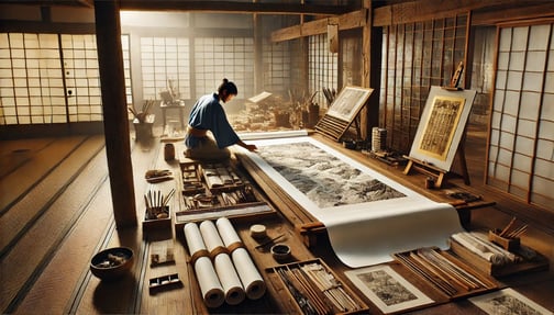 DALL?E 2025-01-12 15.55.18 - A photorealistic image of a traditional Japanese workshop showing the preparation of the design and honshi (main paper) for a kakejiku scroll. The sce