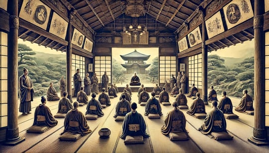 DALL?E 2025-01-22 07.15.43 - A historical and serene depiction of monks at Tenryu-ji Temple engaging in zazen meditation and conducting rituals for the spread of Zen Buddhism. The