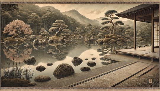 DALL?E 2025-01-22 07.15.47 - A serene depiction of the Sogenchi Garden at Tenryu-ji Temple, designed by Muso Soseki in the 14th century, showcasing Zen Buddhist principles. The ga