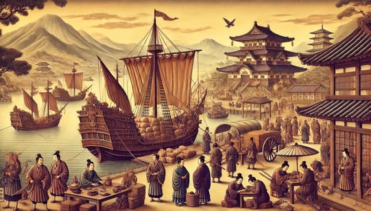 DALL?E 2025-01-22 07.15.50 - A historical depiction of Tenryu-ji Temples trade activities using Tenryu-ji ships during 1342 and beyond. The scene features a traditional Japanese 