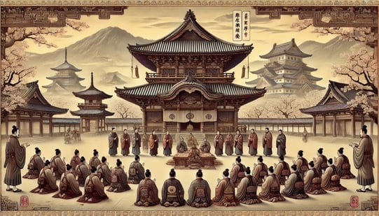 DALL?E 2025-01-22 07.15.53 - A historical scene depicting Tenryu-ji Temple as a prayer temple for national stability during the Ashikaga shogunate. The setting includes the grand 