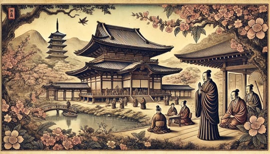 DALL?E 2025-01-22 07.16.00 - A historical depiction of the founding of Tenryu-ji Temple in 1339 with an ancient and traditional Japanese art style. The scene features a Zen monk (