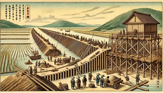 DALL?E 2025-01-25 01.22.41 - A historical illustration in a slightly old-fashioned style, depicting the large-scale tide control construction in Kojima Bay led by Ukita Hideie in 