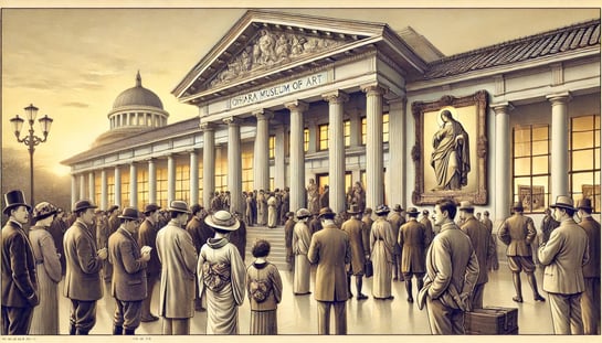 DALL?E 2025-01-25 01.22.54 - A historical illustration in an old-fashioned style, depicting the opening of Ohara Museum of Art in 1930 in Kurashiki, Japan. The scene features the 