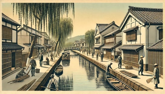 DALL?E 2025-01-25 01.22.57 - A historical illustration in a slightly old-fashioned style, depicting the designation of Kurashiki Canal as a Special Preservation District in 1969. 