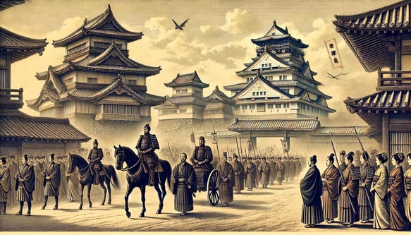 DALL?E 2025-01-26 11.20.48 - A historical illustration in a slightly old-fashioned style, horizontally elongated, depicting Emperor Meijis journey to Tokyo in 1868 during the Mei