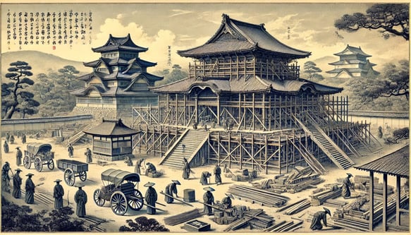 DALL?E 2025-01-26 11.20.51 - A historical illustration in a slightly old-fashioned style, horizontally elongated, depicting the reconstruction of the Kyoto Imperial Palace in 1855