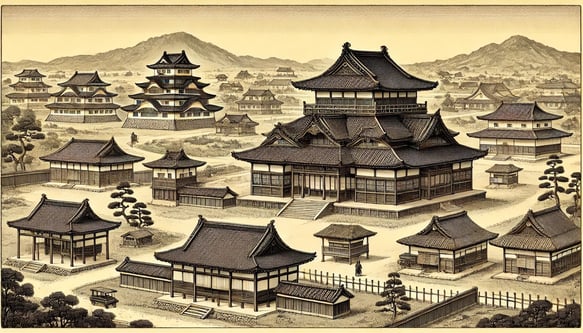 DALL?E 2025-01-26 11.21.01 - A historical illustration in a slightly old-fashioned style, horizontally elongated, depicting the establishment of the Tsuchimikado Imperial Palace i