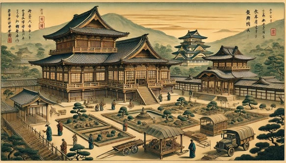 DALL?E 2025-01-26 11.24.34 - A historical illustration in a slightly old-fashioned style, horizontally elongated, depicting the construction of the Nyoin-gosho (Consorts Palace) 