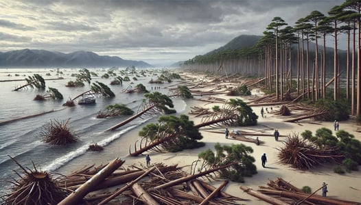 DALL?E 2025-01-26 16.04.12 - A realistic illustration depicting the aftermath of Typhoon Tokage (Typhoon 23) in 2004 at Amanohashidate. The scene shows approximately 200 pine tree