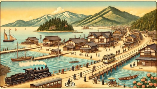 DALL?E 2025-01-26 16.04.19 - A horizontally elongated historical illustration depicting Amanohashidate in the early 20th century during its development as a tourist destination. T