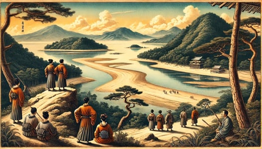 DALL?E 2025-01-26 16.04.20 - A slightly old-fashioned, horizontally elongated historical illustration depicting Edo-period scholar Kaibara Ekken visiting Amanohashidate in 1689. T