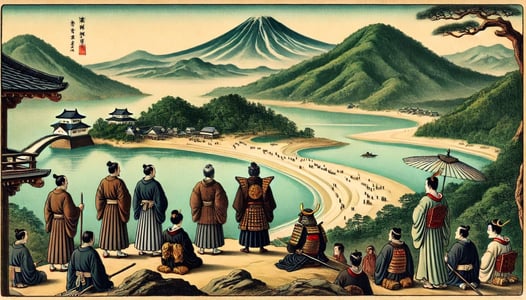 DALL?E 2025-01-26 16.04.22 - A slightly old-fashioned, horizontally elongated historical illustration depicting Ashikaga Yoshimitsus visit to Amanohashidate in the 15th century. 