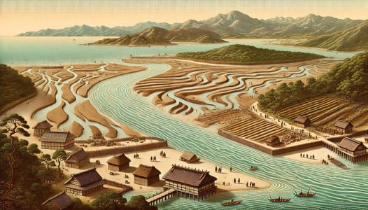 DALL?E 2025-01-26 16.04.25 - A slightly old-fashioned, horizontally elongated historical illustration depicting the formation of Amanohashidate around the 2nd century BCE. The sce