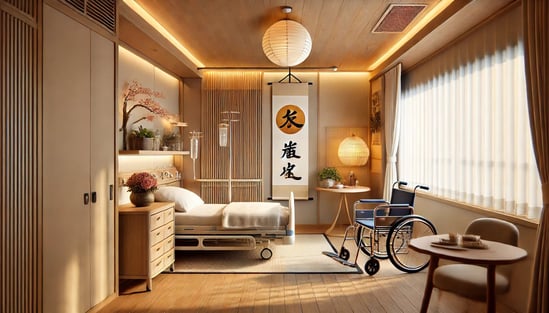 DALL?E 2025-01-29 08.05.58 - A private room in a nursing home, designed to provide comfort and individuality. The room features a wooden floor and furniture with soft, warm lighti