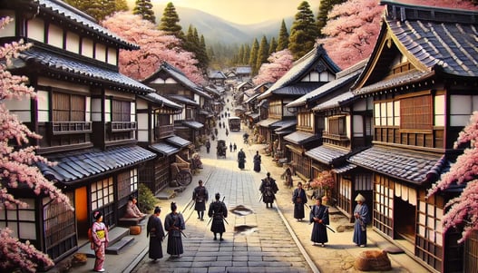 DALL?E 2025-02-12 19.59.16 - A historical depiction of Kakunodate Samurai District in Akita Prefecture, Japan. The scene showcases a well-preserved Edo-period street lined with tr