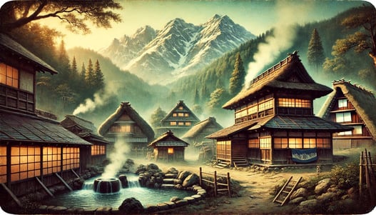 DALL?E 2025-02-12 19.59.19 - A historical depiction of Nyuto Onsen, a traditional Japanese hot spring village nestled in the mountains of Akita Prefecture. The scene captures a se