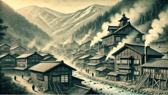 DALL?E 2025-02-15 16.57.10 - A historical depiction of Ginzan Onsen in Japan during its transformation from a silver mining town to a hot spring resort. The image features a tradi