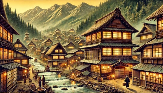 DALL?E 2025-02-15 16.57.14 - A historical depiction of Ginzan Onsen in Japan during the Edo period (1613), showcasing the traditional wooden ryokan-style buildings with intricate 