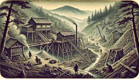 DALL?E 2025-02-15 16.57.18 - A historical depiction of Ginzan Onsen in Japan during the late 16th century, showing a declining silver mine. The image features an abandoned mining 