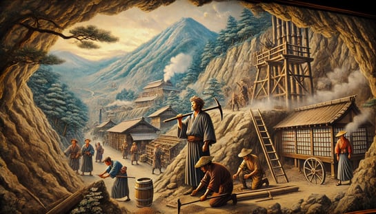 DALL?E 2025-02-15 16.57.20 - A historical depiction of Ginzan Onsen in Japan during the 15th century, showcasing the discovery of the silver mine by a miner in traditional Japanes