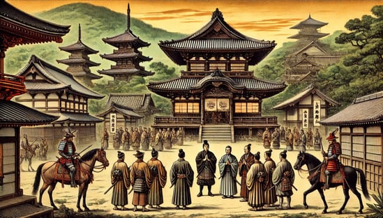 DALL?E 2025-02-16 03.02.29 - A historical depiction of Ho?gon-in Temple in Kyoto during the late 16th century, showing the temple receiving support from Toyotomi Hideyoshi. The sce