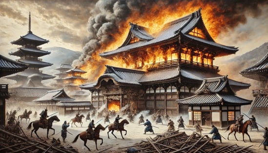 DALL?E 2025-02-16 03.02.31 - A historical depiction of Ho?gon-in Temple in Kyoto during the 1864 Kinmon Incident. The temple is engulfed in flames, with smoke rising into the sky a