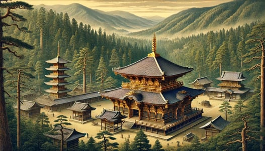 DALL?E 2025-02-18 08.36.42 - A historical depiction of Chuson-ji Temple, a Buddhist temple nestled in the mountains of Hiraizumi, Japan. The famous Konjikido (Golden Hall), built 