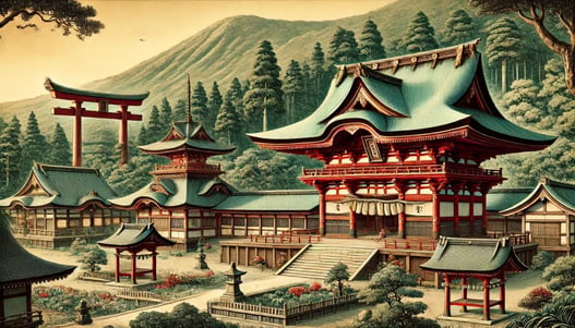 DALL?E 2025-02-18 08.36.45 - A historical depiction of Morioka Hachimangu Shrine, located in Morioka City, Iwate Prefecture, Japan. The shrine, originating in 1062, was founded by