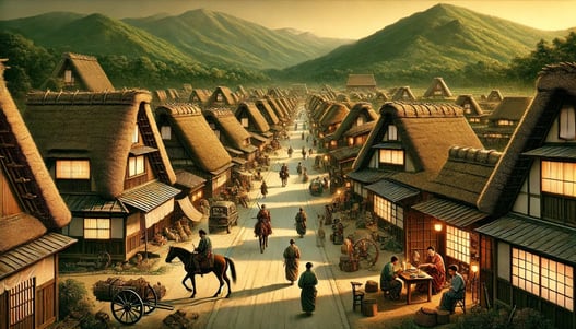 DALL?E 2025-02-20 00.00.04 - A historical depiction of Ouchi-juku, a traditional post town from the Edo period in Japan. The image showcases a long, picturesque street lined with 