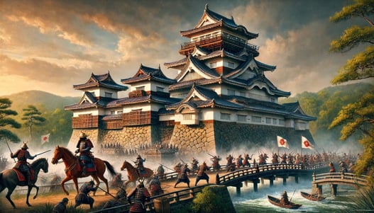 DALL?E 2025-02-20 00.00.06 - A historical depiction of Tsuruga Castle (Aizu-Wakamatsu Castle) with its iconic red-tiled roof, set during the Boshin War in the late Edo period. The