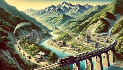 DALL?E 2025-02-20 00.00.56 - A historical depiction of the Tadami Line railway in Japan, showing its gradual expansion over time. The scene captures the development from its initi