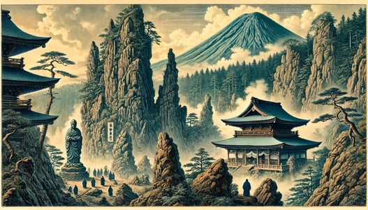 DALL?E 2025-02-23 14.51.38 - A historical depiction of Haruna Shrine in Japan, nestled within the sacred Mount Haruna. The scene features towering rock formations, mist-covered fo