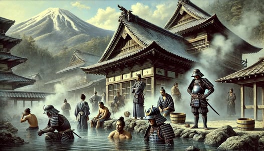 DALL?E 2025-02-23 14.51.40 - A historical depiction of Kusatsu Onsen in Japan during the Sengoku period, featuring samurai warriors recovering in the hot springs. The scene showca