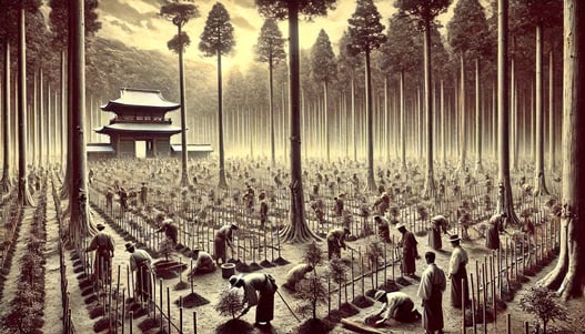 DALL?E 2025-03-02 00.06.26 - A historical scene depicting the construction of Meiji Shrine in Tokyo. During its establishment, around 100,000 trees were donated from across Japan,