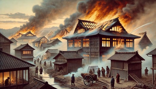 DALL?E 2025-03-05 00.21.46 - A historical depiction of the 1893 Great Fire of Kawagoe, Japan. The scene captures flames engulfing traditional Edo-period wooden buildings, with thi