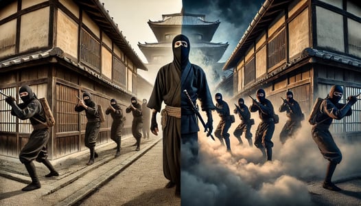 DALL?E 2025-03-08 15.48.59 - A realistic, wide-angle depiction of ninjas from the late 19th to early 20th century. The image shows the transformation of ninja imagery during the M