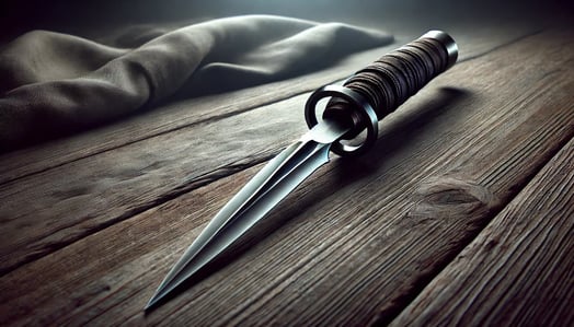 DALL?E 2025-03-08 16.08.24 - A highly realistic, wide-angle depiction of a historical kunai, a traditional ninja weapon. The image showcases a forged metal kunai with a sharp, poi