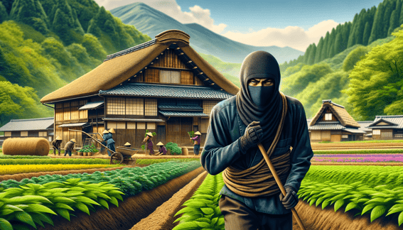 DALL·E 2023-12-17 14.25.39 - A realistic illustration of a ninja disguised as a farmer, doing agricultural work in an ancient Japanese rural village. The ninja blends in with the 